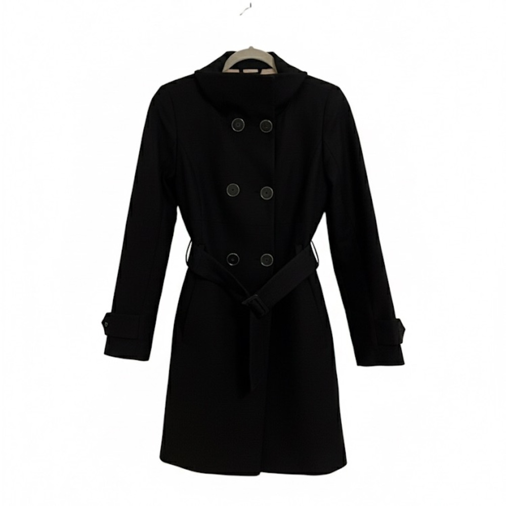 MANGO Black 100% Cotton Belted Trench Coat | Size XS Funnel Neck